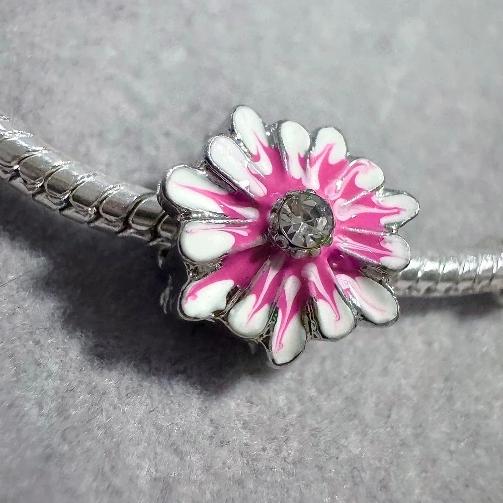 Pink White Enamel Flower Bead Charm fits‎ PANDORA